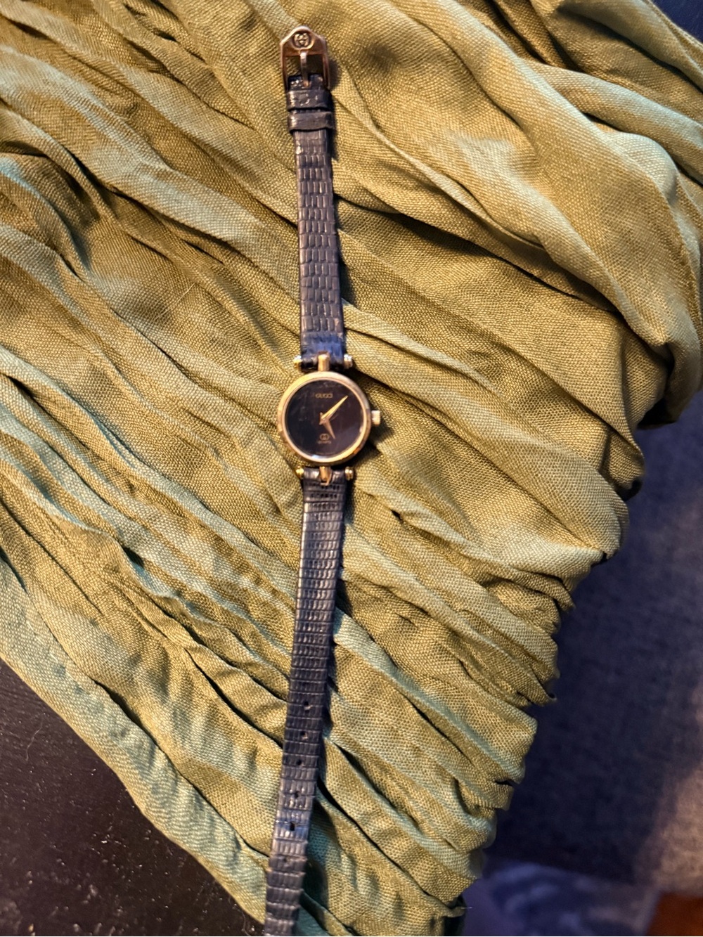 Gucci Women's Blue Leather Strap Round Gold Case Watch